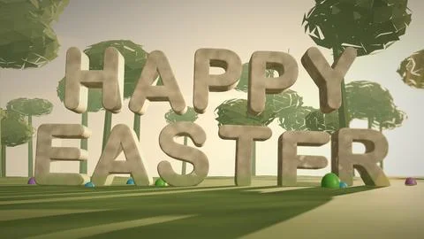 Happy Easter Stone 3D Text in a Spring Meadow for Easter Stock Illustration