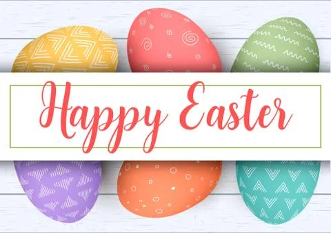 Happy Easter stripe with text. Colorful easter eggs on white wooden backgroun Stock Illustration