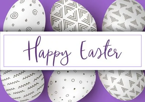 Happy Easter stripe with text. White easter eggs with monochrome simple Stock Illustration