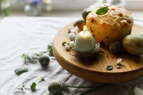 Happy Easter! Stylish dyed eggs, easter cake on wooden stand, spring flower.. Stock Photos