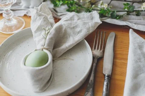 Happy Easter! Stylish Easter brunch table setting. Eco friendly decoration Stock Photos