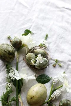 Happy Easter! Stylish natural dyed eggs and spring flowers on linen backgro.. Foto stock