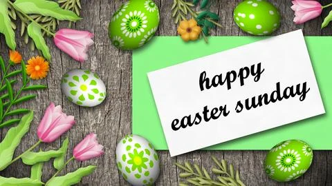 Happy easter Sunday blessings with beautiful flowers, eggs and wooden backg.. Stockillustratie