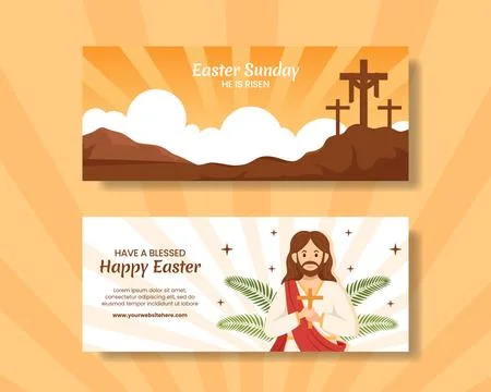 Happy Easter Sunday Day Horizontal Banner Flat Cartoon Hand Drawn Templates.. Stock Illustration