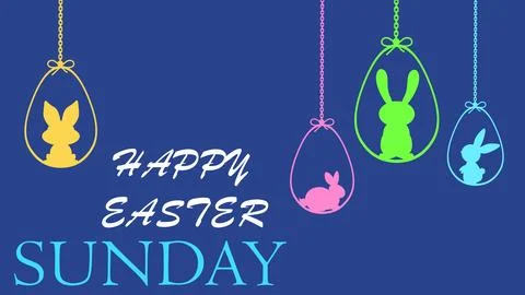 Happy easter sunday greetings with hanging bunny icons in different colors. Stock Illustration