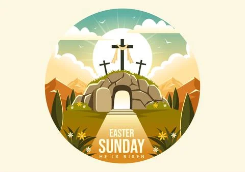 Happy Easter Sunday Vector Illustration of Jesus, He is Risen and Celebrati.. Illustrazione stock