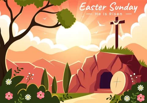 Happy Easter Sunday Vector Illustration of Jesus, He is Risen and Celebrati.. Stock Illustration