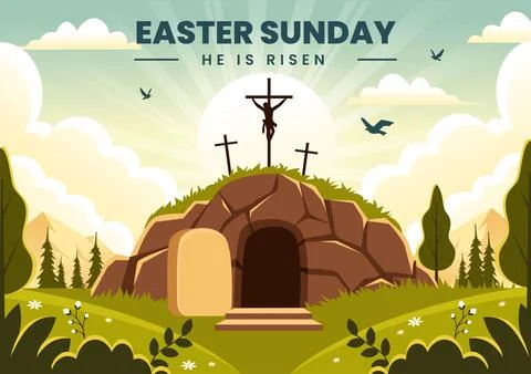 Happy Easter Sunday Vector Illustration of Jesus, He is Risen and Celebrati.. Stock Illustration
