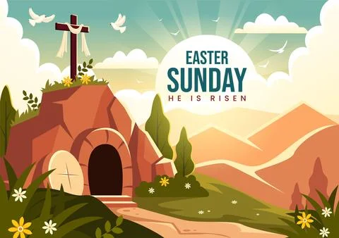 Happy Easter Sunday Vector Illustration of Jesus, He is Risen and Celebrati.. Stock Illustration