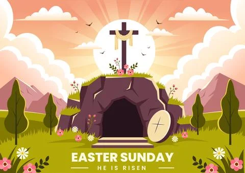 Happy Easter Sunday Vector Illustration of Jesus, He is Risen and Celebrati.. 스톡 일러스트