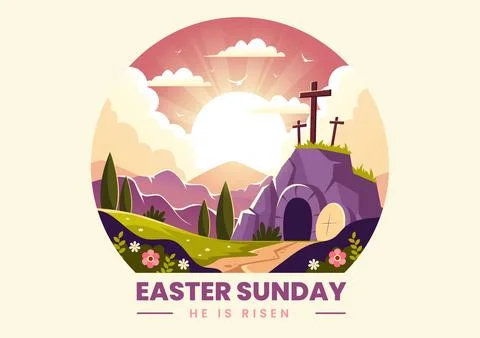 Happy Easter Sunday Vector Illustration of Jesus, He is Risen and Celebrati.. Illustrazione stock