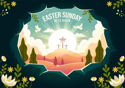 Happy Easter Sunday Vector Illustration of Jesus, He is Risen and Celebrati.. 스톡 일러스트