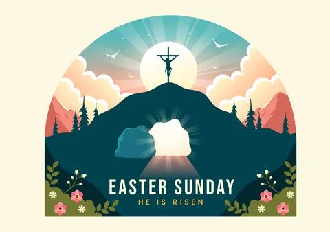 Happy Easter Sunday Vector Illustration of Jesus, He is Risen and Celebrati.. Illustrazione stock