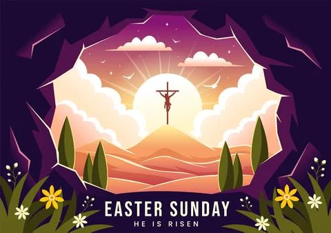Happy Easter Sunday Vector Illustration of Jesus, He is Risen and Celebrati.. Stock Illustration