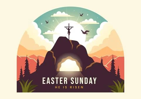 Happy Easter Sunday Vector Illustration of Jesus, He is Risen and Celebrati.. Illustrazione stock