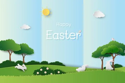 Happy Easter on sunshine day with rabbit family in the garden Stock Illustration