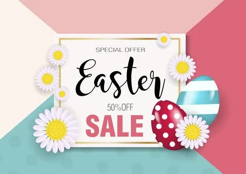 Happy Easter super offer, discounts, promotion with realistic colored eggs Stock Illustration