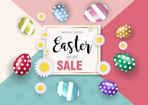 Happy Easter super offer, discounts, promotion with realistic colored eggs Stock Illustration