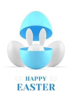 Happy Easter surprise 3d greeting card bunny hiding open egg half design te.. Stock Illustration