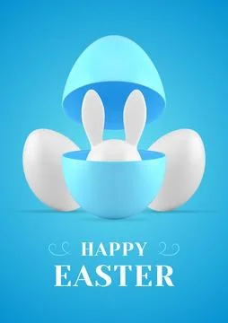 Happy Easter surprise 3d greeting card bunny hiding in open painted egg hal.. Stock Illustration