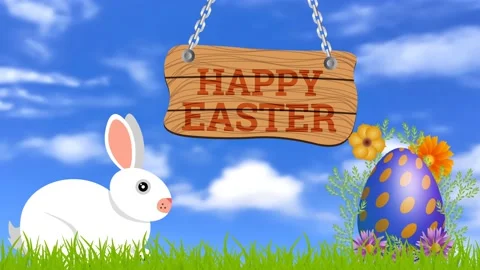 Happy Easter Swinging wooden board isolated on blue sky background with lit.. Stock Footage 234112013