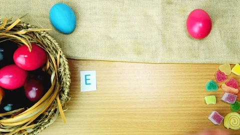 Happy Easter on table decorated with easter eggs. Stock Footage 103296020