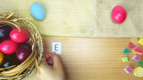 Happy Easter on table decorated with easter eggs. Stock Footage 103296629