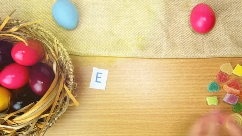 Happy Easter on table decorated with easter eggs. Stock Footage 103347626