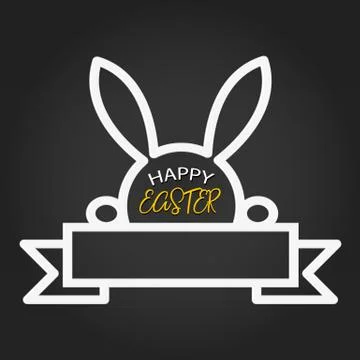 Happy Easter template with blank space ribbon and rabbit on dark background.  イラスト素材