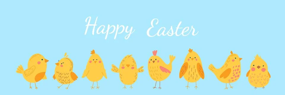 Happy Easter template with Cute cartoon chicken set. Funny yellow chickens .. Stock Illustration