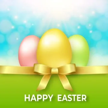 Happy easter template with golden ribbon, bow and eggs. Vector card with eg.. Stock Illustration