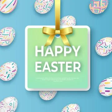 Happy easter template with golden ribbon, bow and ornate eggs. Vector card .. Stock Illustration