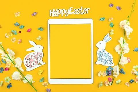 Happy Easter template, mockup on a yellow background with modern frame for yo Stock Photos