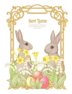 Happy easter! Template postcard, poster with a hare, 스톡 일러스트