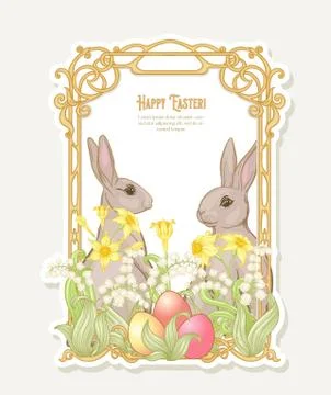 Happy easter! Template postcard, poster with a hare, 스톡 일러스트