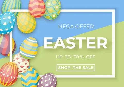 Happy easter template with white frame and eggs. Vector card with eggs and .. Stock Illustration