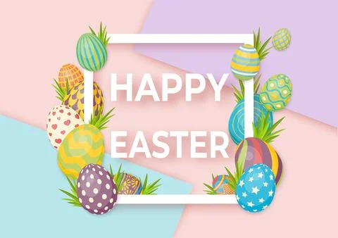 Happy easter template with white frame and eggs. Vector card with eggs and .. Stock Illustration