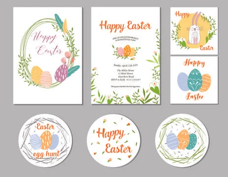 Happy Easter templates with eggs, flowers, floral wreath, rabbit and typograp Stock Illustration