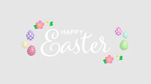 Happy easter text animation with easter eggs and flowers on transparent backgro Stock Footage 311238487