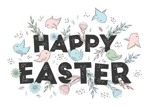 Happy Easter text banner with hand drawn lettering, flowers, leaves and cute  Stock Illustration