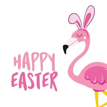 Happy Easter text with beautiful pink flamingo with Easter bunny ears Illustrazione stock