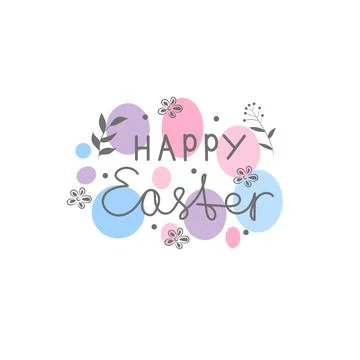 Happy Easter text with branch and flowers. Vector illustration isolated on white Illustrazione stock