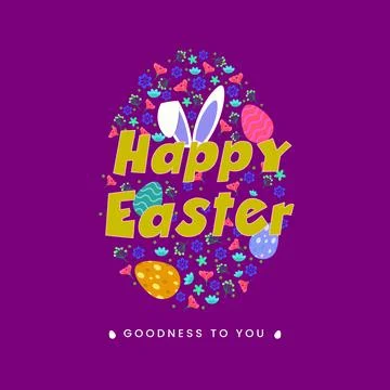 Happy Easter Text with Bunny Ear and Flower Decorated Egg Shape for Elegant.. Stock Illustration