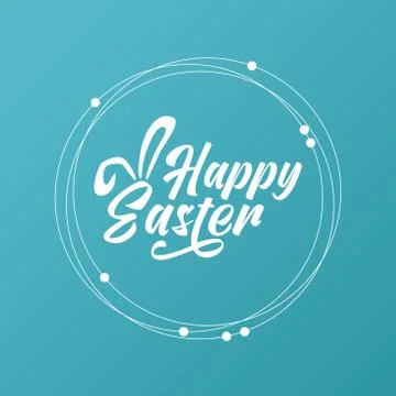Happy Easter text with bunny ears, minimalist style card, blue background Stock Illustration