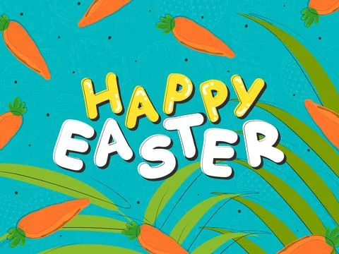 Happy Easter Text with Carrot and Green Grass Decorated on Turquoise Backgr.. Stock Illustration