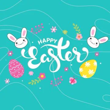 Happy Easter Text with Cartoon Bunnies Face, Butterflies, Painted Eggs and .. Stock Illustration