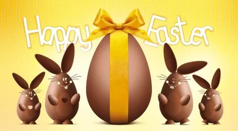 Happy easter text with chocolate egg and bunnies on yellow background 스톡 일러스트