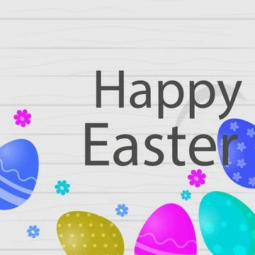 Happy Easter Text with Colorful Eggs and Flowers Decorated on White Planks .. Illustrazione stock