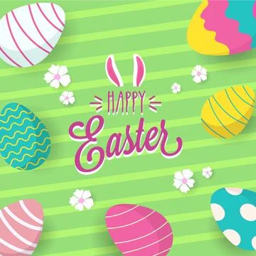 Happy Easter Text with Colorful Painted Eggs and Flower Decorated Green Str.. Stock Illustration
