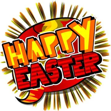 Happy Easter text on comic book background. Vector cartoon character illustra Ilustración de archivo